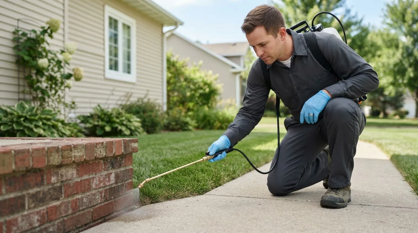 Pest control technician treating a home near Dillonvale, OH