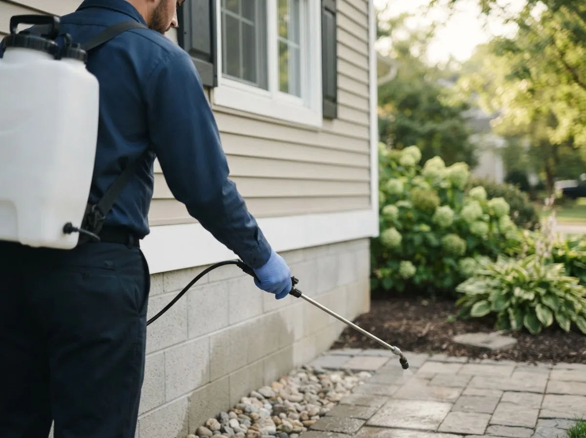 Pest control technician inspecting a home in Dillonvale, OH